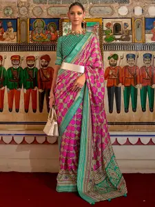Anouk Pink & Green Ethnic Motifs Printed Pure Georgette Bandhani Saree