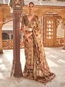 Anouk Beige & Maroon Checked Beads and Stones Georgette Patola Saree