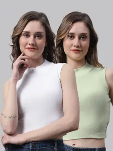 FBAR Pack Of 2 High Neck Sleeveless Fitted Cotton Crop Top