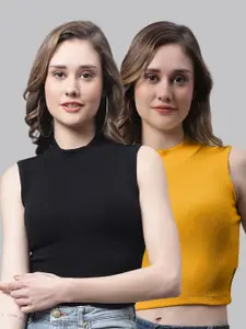 FBAR Pack Of 2 High Neck Ribbed Fitted Pure Cotton Crop Top