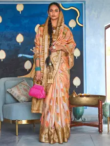 Anouk Peach-Coloured & Green Geometric Woven Design Zari Banarasi Saree