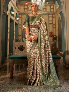 Anouk Cream-Coloured & Green Ethnic Motifs Printed Zari Banarasi Saree