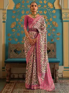 Anouk Cream-Coloured & Pink Ethnic Motifs Printed Zari Banarasi Saree