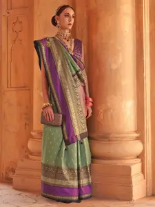Anouk Sea Green & Purple Ethnic Motifs Zari Silk Blend Banarasi Saree