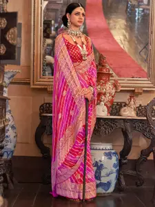 Anouk Pink Printed Embroidered Pure Georgette Leheriya Saree