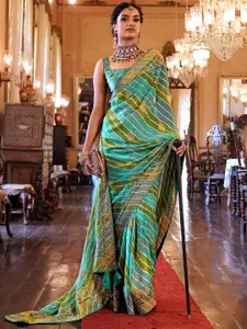 Anouk Blue & Green Printed Embroidered Pure Georgette Leheriya Saree
