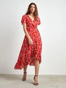Styli Red & White Floral Printed Flared Sleeves Asymmetric Midi Wrap Dress