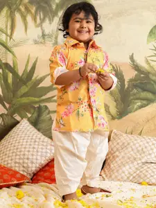 VASTRAMAY Boys Shirt Collar Floral Printed Regular Kurta with Patiala