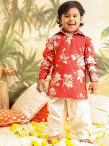 VASTRAMAY Boys Floral Printed Shirt Collar Regular Kurta with Patiala