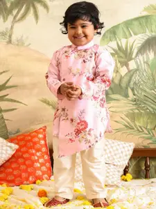 VASTRAMAY Boys Floral Printed Mandarin Collar Angrakha Kurta with Pyjamas