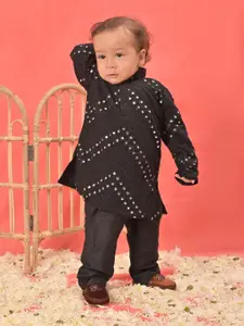 VASTRAMAY Boys Embroidered Mandarin Collar Long Sleeve Mirror Work Kurta Set