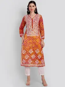 Seva Chikan Leheriya Printed Thread Work Detailed Straight Kurta With Slip