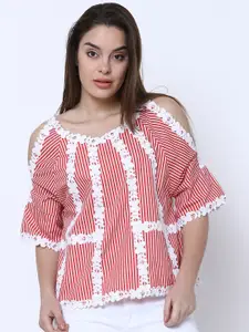 Tokyo Talkies Women Red Striped Pure Cotton Top