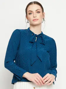 Madame Self Design Tie-Up Neck Puff Sleeves Shirt Style Top