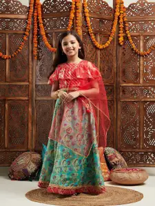 pspeaches Girls Printed Cold-Shoulder Sleeves Ready to Wear Lehenga & Blouse With Dupatta
