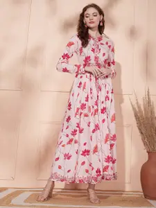 FASHOR Pink Floral Printed Mandarin Collar Embroidered Detailed Cotton Maxi Ethnic Dress