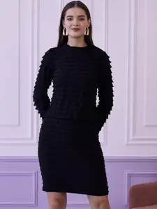 Athena Black Self Design Ruffle Top With Skirt