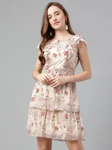 Latin Quarters Floral Printed Flutter Sleeves Layered A-Line Dress