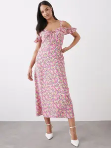 DOROTHY PERKINS Floral Print Cold-Shoulder Sleeves A-Line Midi Dress
