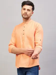 VASTRAMAY Band Collar Roll-Up Sleeves Cotton Straight Kurta