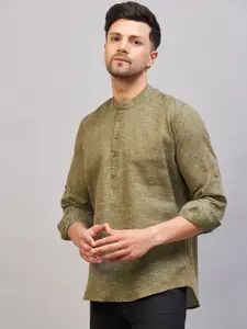 VASTRAMAY Band Collar Roll-Up Sleeves Cotton Straight Kurta