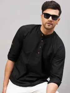 VASTRAMAY Band Collar Roll-Up Sleeves Cotton Straight Kurta
