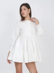 Dee Monash Tiered Cuffed Sleeves Mini Cotton A-Line Dress