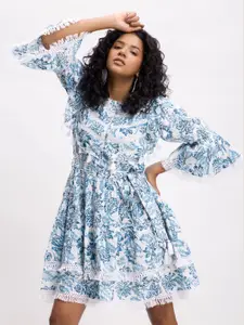 Dee Monash Floral Print Bell Sleeve Fit & Flare Fringed Cotton Dress