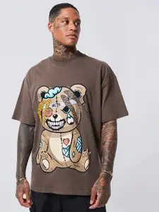 boohooMAN Teddy Print Drop-Shoulder Sleeves Pure Cotton Oversized T-shirt