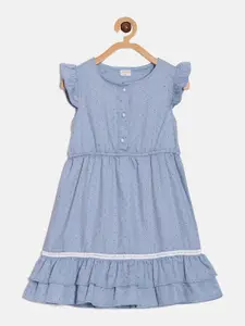 Aomi Girls Polka Dot Printed Flutter Sleeves Cotton A-Line Dress