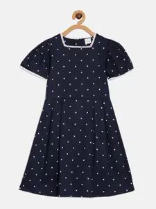 Aomi Polka Dots Printed Pleated Detailed Square Neck Bell Sleeves Cotton A-Line Dress