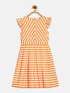 Aomi Girls Striped Pleated Detailed Flutter Sleeve Cotton A-Line Dress