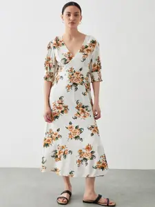 DOROTHY PERKINS Petite Floral Print Puff Sleeves A-Line Midi Dress