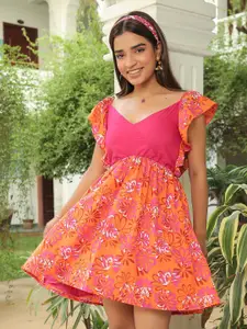 KAORI BY SHREYA AGARWAL Floral Print Flutter Sleeve Cotton Fit & Flare Dress