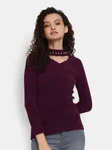 V-Mart Ribbed  Embellished Detail Cotton Pullover Sweater