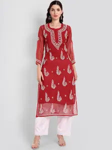 Seva Chikan Ethnic Motifs Embroidered Chikankari Straight Kurta With Slip