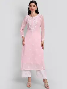 Seva Chikan Ethnic Motifs Chikankari Embroidered Georgette Kurta With Slip