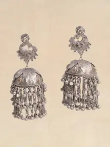 Pihtara Jewels Silver-Plated Stone-Studded Oxidised Dome Shaped Jhumkas
