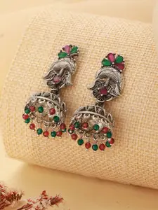 Jazz and Sizzle Silver-Plated Dome Shaped Stone Studded & Beaded Jhumkas