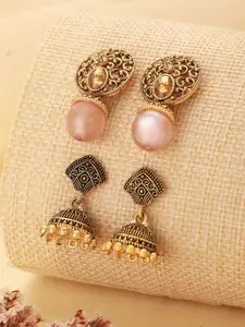 Jazz and Sizzle Set Of 2 Gold-Plated Dome Shaped Stone Studded & Beaded Drop Earrings