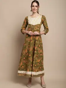 ANAISA Floral Printed Round Neck Cotton A-Line Ethnic Dress