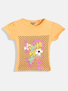 Eteenz Girls Typography Printed Puff Sleeves Cotton T-shirt
