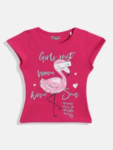 Eteenz Girls Typography Printed & Glitter Embellished Pure Cotton T-shirt