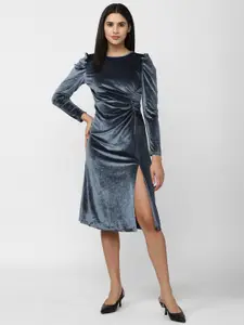 Van Heusen Woman Ruched Round Neck Puff Sleeve Cotton Sheath Midi Dress