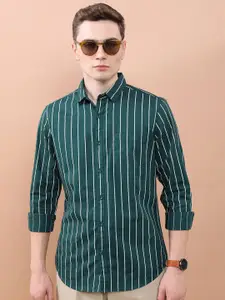KETCH Green Slim Fit Vertical Striped Cotton Casual Shirt