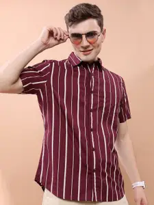 KETCH Burgundy Slim Fit Vertical Striped Cotton Casual Shirt