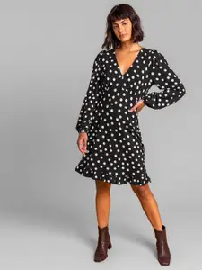 Selvia Polka Dots Printed V-Neck Puff Sleeves A-Line Dress