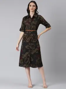 SHOWOFF Floral Printed Shirt Collar Roll-Up Sleeves Cotton Shirt Style Dress