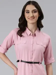 SHOWOFF Shirt Collar Cotton Shirt Dress With Belt
