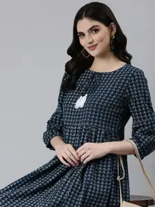 SHOWOFF Ethnic Motifs Printed Tie-Up Neck Bell Sleeves A-Line Midi Dress